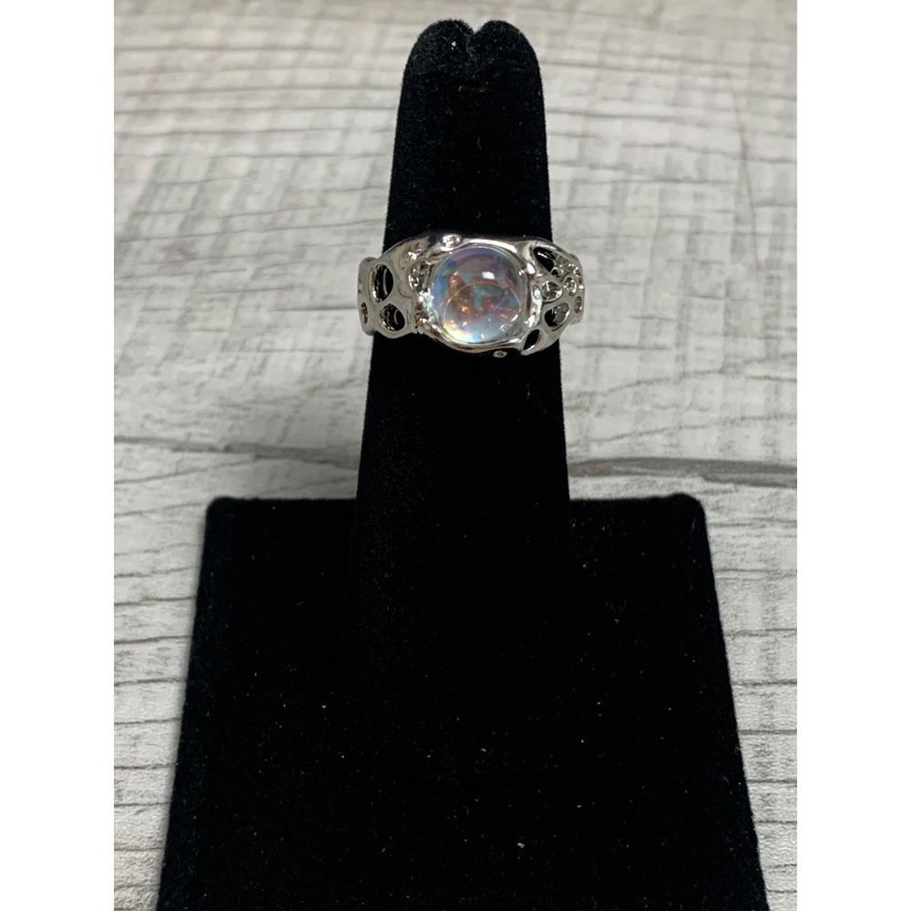 Silver Tone Iridescent Moonstone Style Rhinestone Perforated Adjustable Ring 6